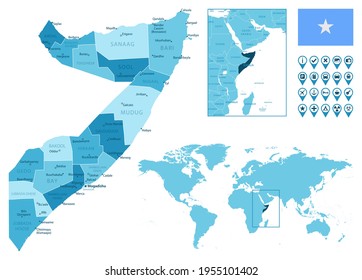 Somalia detailed administrative blue map with country flag and location on the world map.