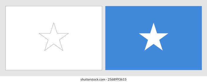 Somalia flag - coloring page. Set of white wireframe thin black outline flag and original colored flag.