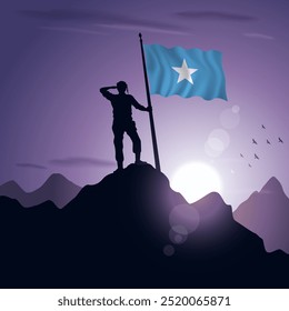 Bandera de Somalia izada en la cima de una montaña con una puesta de sol púrpura en el fondo, Ilustración vectorial