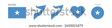 somalia flag and map set. somalia flag in official colors and proportions. independence day 1 july, map, circle and heart shaped somalia