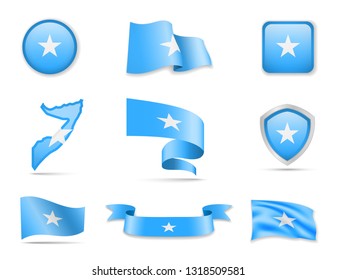 Somalia flags collection. Flags and outline of the country vector illustration set