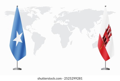 Somalia and Gibraltar flags for official meeting against background of world map.