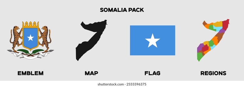 Somalia Graphics Pack. Somalia Flag. Somalia Map. Somalia Emblem. Editable EPS file with Map, Emblem, Flag and Divisional Map.