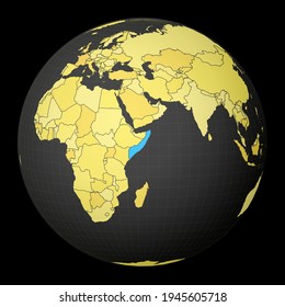 Somalia highlighted on a dark globe with a yellow world map. Satellite world projection centered on Somalia. Cool vector illustration.