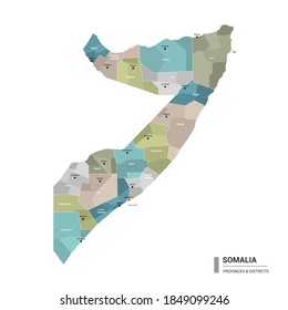 Somalia higt detailed map with subdivisions. Administrative map of Somalia with districts and cities name, colored by states and administrative districts. Vector illustration 