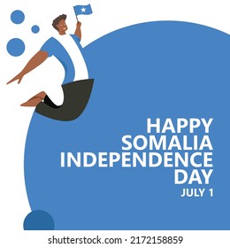 Somalia independence day vector illustration with a man jumping and holding the national flag. African country public holiday greeting card and social media post.