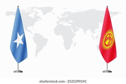 Somalia and Kyrgyzstan flags for official meeting against background of world map.