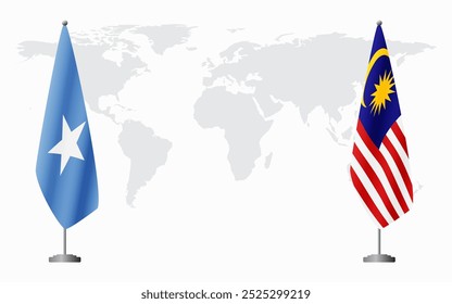 Somalia and Malaysia flags for official meeting against background of world map.