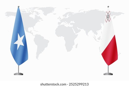 Banderas de Somalia y Malta para reunión oficial con el mapa mundial como telón de fondo.