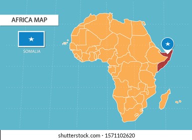 Somalia map in Africa, icons showing Somalia location and flags.