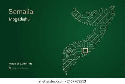 Somalia Map with a capital of Mogadishu Shown in a Microchip Pattern with processor. E-government. World Countries vector maps. Microchip Series	