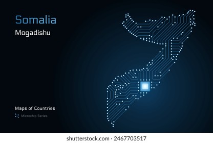Somalia Mapa con la capital de Mogadiscio en un patrón de microchips con procesador. Gobierno electrónico. Mapas de Vector de Países Mundiales. Serie de microchips	