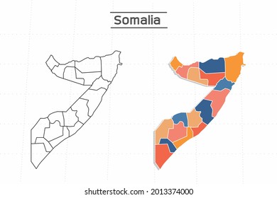 Somalia map city vector divided by colorful outline simplicity style. Have 2 versions, black thin line version and colorful version. Both map were on the white background.