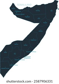 Somalia map high detailed with administrative divide by state, capital cities names, outline simplicity style. Vector illustration EPS10.