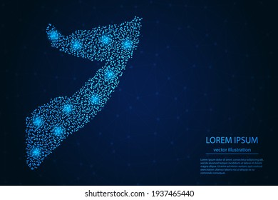 Mapa somalí desde el punto azul y estrellas brillantes en un fondo oscuro. Vector eps 10.