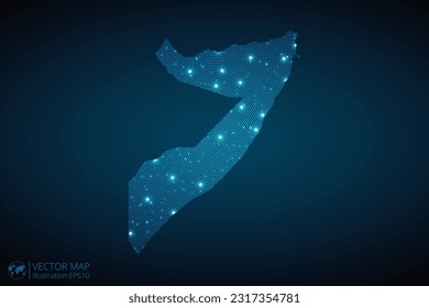 Mapa somalí de patrones radiales punteados en estilo futurista, diseño de un contorno de círculo azul brillante hecho de estrellas. concepto de comunicación sobre fondo azul oscuro. EPS10 vectores