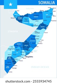 Somalia Map Vector Blue Spot - Customizable layered political map of Somalia with administrative divisions for website, education, reports, news, politics, print, poster and wallpaper