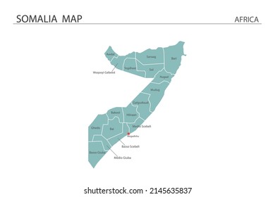 Somalia map vector illustration on white background. Map have all province and mark the capital city of Somalia. 