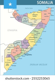 Somalia Map Vector New 2024 Colorful - Customizable layered political map of Somalia with administrative divisions for website, education, reports, news, politics, print, poster and wallpaper