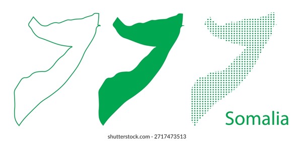Somalia Map Vetor Set, Horn of Africa Contorno Silhueta Pontilhada Formas Verdes, Somalia Country Infographic Template, Editável EPS Somalia Geografia