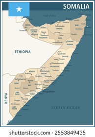 Somalia Map Vector Vintage Dark Blue Beige - Customizable layered political map of Somalia with administrative divisions for website, education, reports, news, politics, print, poster and wallpaper