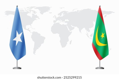 Somalia and Mauritania flags for official meeting against background of world map.