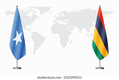Somalia and Mauritius flags for official meeting against background of world map.