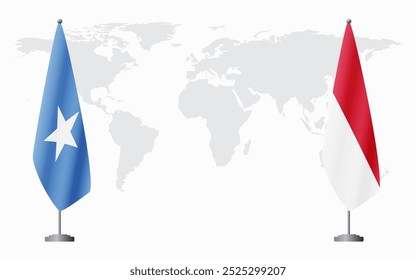 Somalia and Monaco flags for official meeting against background of world map.