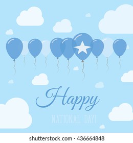 Somalia National Day Flat Patriotic Poster. Row of Balloons in Colors of the Somali flag. Happy National Day Somalia Card with Flags, Balloons, Clouds and Sky.