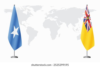 Somalia and Niue flags for official meeting against background of world map.