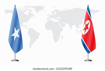 Somalia and North Korea flags for official meeting against background of world map.