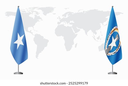 Somalia and Northern Mariana Islands flags for official meeting against background of world map.