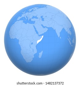 Somalia on the globe. Earth centered at the location of the Federal Republic of Somalia. Map of Somalia. Includes layer with capital cities.