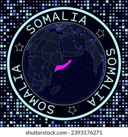 Somalia on globe vector. Futuristic satelite view of the world centered to Somalia. Geographical illustration with shape of country and squares background. Bright neon colors on dark background.