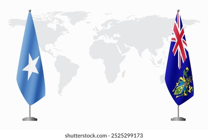 Somalia e Ilhas Pitcairn bandeiras para reunião oficial contra fundo do mapa do mundo.