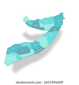 Mapa político das divisões administrativas da Somália - estados federais. Mapa de vetor turquesa 3D com rótulos de nome.