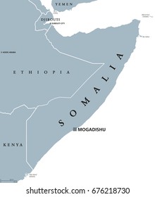 Somalia political map with capital Mogadishu. Federal republic and country in the Horn of Africa. Coastline along Gulf of Aden and Indian Ocean. Gray illustration over white. English labeling. Vector.