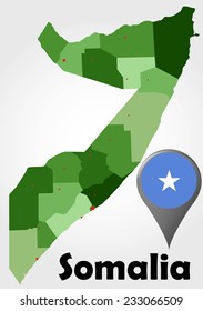 Somalia political map with green shades and map pointer.