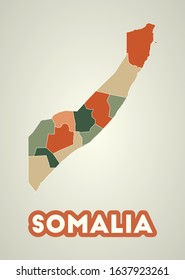 Somalia poster in retro style. Map of the country with regions in autumn color palette. Shape of Somalia with country name. Authentic vector illustration.