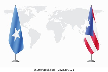 Banderas de Somalia y Puerto Rico para reunión oficial con antecedentes del mapa mundial.