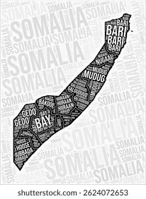 Somalia regiones mapa nube de palabras. Nombres regionales de Somalia. Diseño de mapa en blanco y negro. Ilustración vectorial con clase.