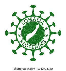 Somalia Reopening Stamp. Green round badge of country with map of Somalia. Country opening after lockdown. Vector illustration.