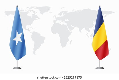 Somalia and Romania flags for official meeting against background of world map.