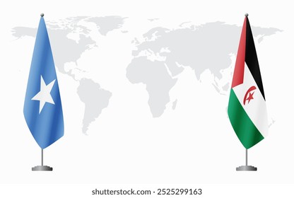 Las banderas de Somalia y la República Árabe Saharaui Democrática para la reunión oficial en el contexto del mapa mundial.