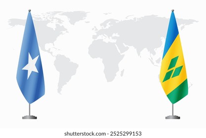 Somalia and Saint Vincent and the Grenadines flags for official meeting against background of world map.