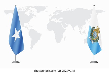 Bandeiras da Somália e de San Marino para reunião oficial em segundo plano do mapa do mundo.