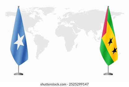 Somália e São Tomé e Príncipe bandeiras para reunião oficial contra fundo do mapa do mundo.