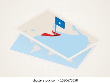 Somalia selected on map with 3D flag of Somalia. Vector paper map.