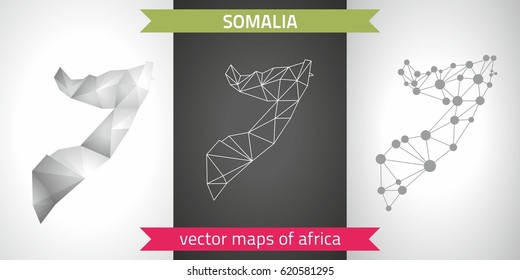 Somalia set of grey and silver mosaic 3d polygonal maps. Graphic vector triangle geometry outline shadow perspective maps
