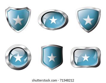 Somalia set shiny buttons and shields of flag with metal frame - vector illustration. Isolated abstract object against white background.